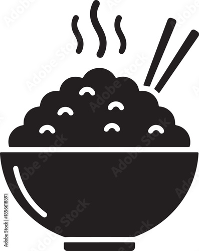 Simple black representing a steaming bowl of rice with chopsticks, signifying a hot meal or Asian cuisine also transparent background