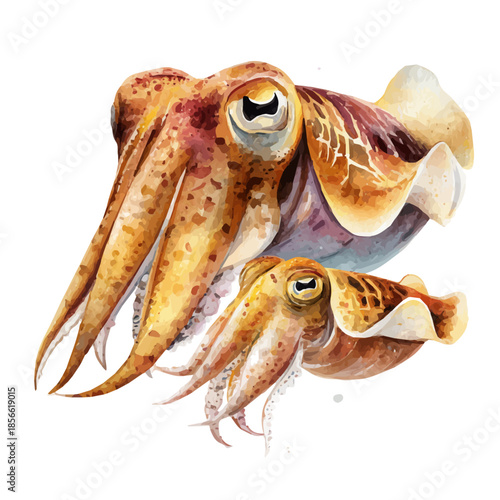 Watercolor-style vector illustration of Cuttlefish With Its Baby, isolated on a clean white background.