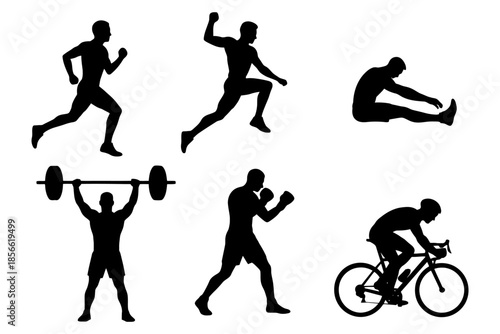 Silhouette of athletes engaged in various sports activities.