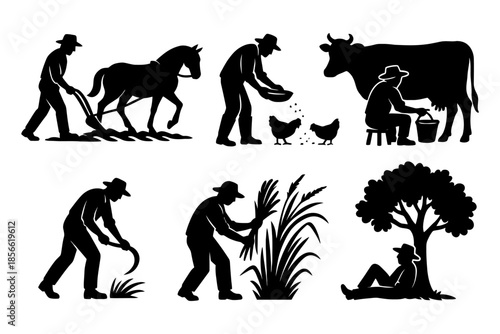 Silhouettes of farmers engaged in traditional farming activities with animals and nature.