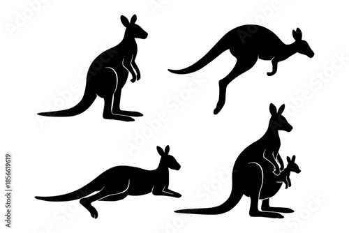Silhouettes of kangaroos in various poses on white background.