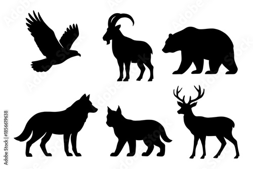 Silhouettes of wildlife: eagle, goat, bear, wolf, lynx, deer.