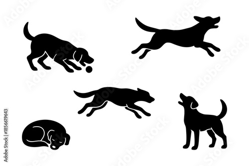 Silhouette illustrations of dogs in various poses and actions.