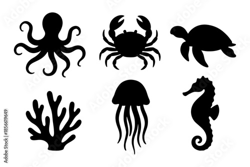 Silhouettes of marine life: octopus, crab, turtle, coral, jellyfish, seahorse.