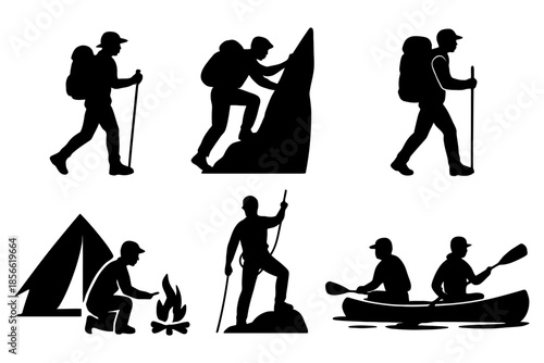 Silhouettes of outdoor activities: hiking, climbing, camping, canoeing.