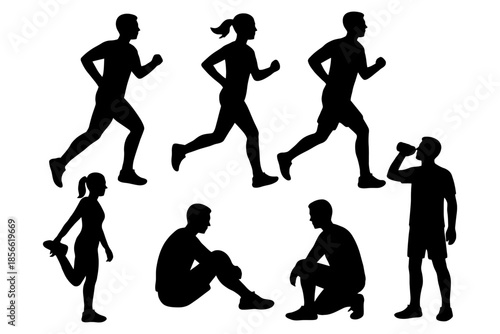 Silhouette of active people exercising and stretching outdoors.