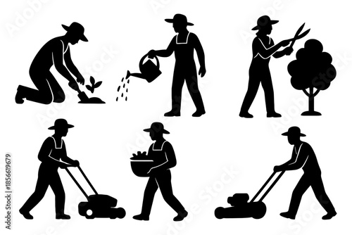 Silhouettes of caucasian adults gardening: planting, watering, pruning, mowing, harvesting.
