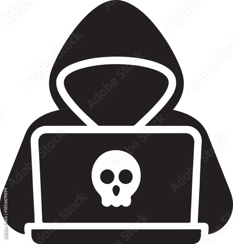 PrintComputer hacker silhouette, cybersecurity and data protection concept vector illustration