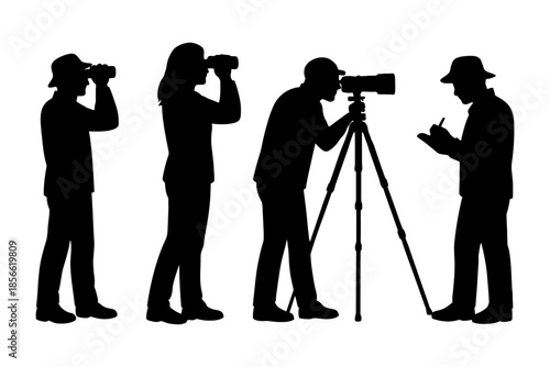Silhouette of diverse photographers observing and recording with cameras and notebooks.