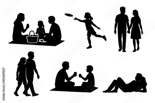 Silhouettes of multiracial families picnic and play outdoors.