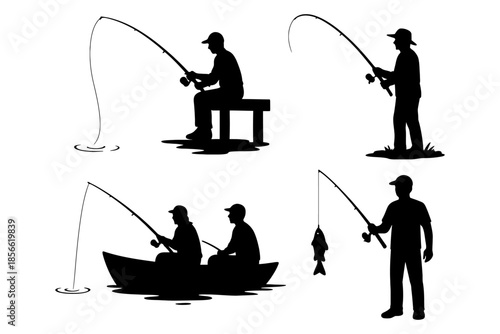 Silhouettes of people fishing: diverse poses and angles captured in black.
