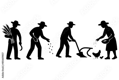 Silhouette of farmers engaging in traditional agricultural activities.