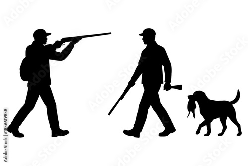 Silhouette of two male hunters with dog carrying bird.