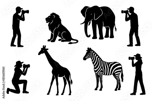 Silhouettes of wildlife and photographers illustrating safari adventure.