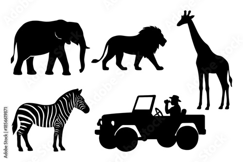 Silhouette of safari adventure with elephant, lion, giraffe, and zebra.