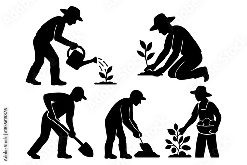 Silhouette farming activities: planting, watering, harvesting.