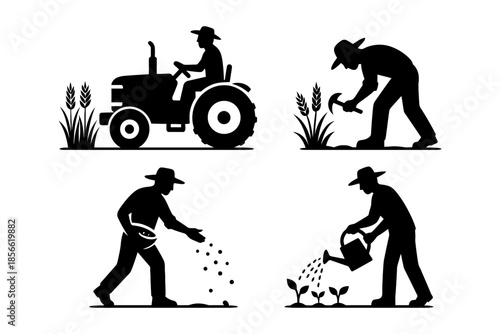 Silhouettes of farmers performing agricultural tasks: tractor, harvesting, sowing, watering.