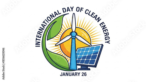International day of clean energy logo with wind turbine, solar panel, and green leaf on white background, symbolizing renewable energy