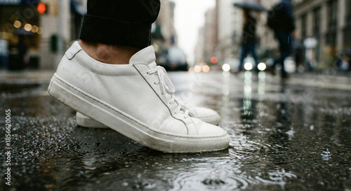 Bild auf Leinwand Person Wearing White Minimalist Sneakers Walking on Wet City Street During Rain