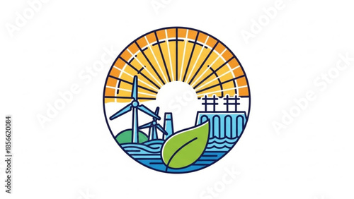 Renewable energy sources, sustainable power generation, wind turbines, hydroelectric dam, green leaf, eco friendly, clean energy, alternative