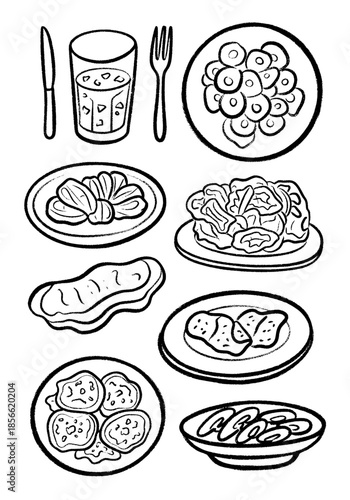 Hand-drawn black and white food collection, featuring various plates of meals, snacks, dinnerware, utensils, and a refreshing drink with ice cubes for menu layout or coloring