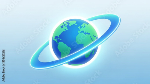 Blue and green earth with glowing ring on light blue background, planet illustration, global unity concept