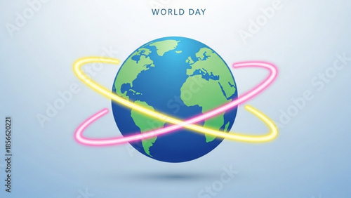Earth globe with neon rings on blue background, world day concept illustration