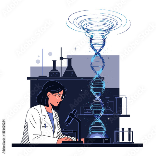 Young woman scientist working in laboratory with DNA helix illustration  