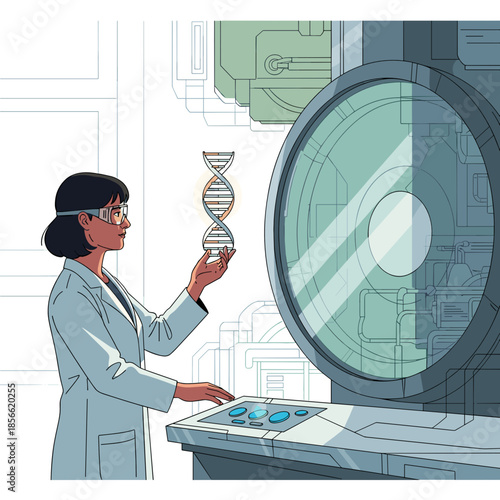Scientist examining DNA model in advanced laboratory setting  