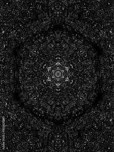 Abstract monochrome mandala with heavy grain texture, featuring a central hexagram shape with radial symmetry and distressed ink splatter effects for a vintage cosmic look