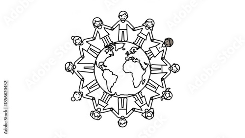 Group of diverse people holding hands around the earth in a circle of unity and global friendship