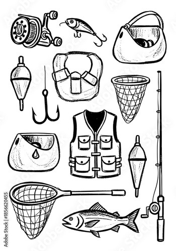 Hand-drawn charcoal sketch collection of essential fishing equipment featuring rods reels lures landing nets and outdoor gear for professional angling or weekend hobbyist activitie