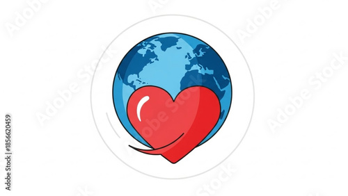 Global love symbol with red heart and blue earth illustration in circular frame on white background