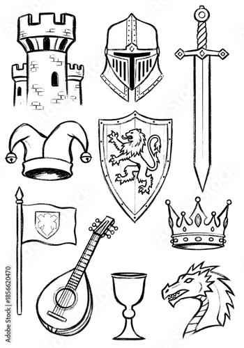 Hand drawn collection of medieval fantasy icons featuring a castle tower, knight helmet, steel sword, jester hat, heraldic shield with lion, royal crown, dragon head and lute