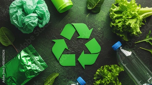 Eco Friendly Recycling Concept with Green Plastic Bottles and Fresh Vegetables Surrounding Recycling Symbol for Sustainable Environment Awareness