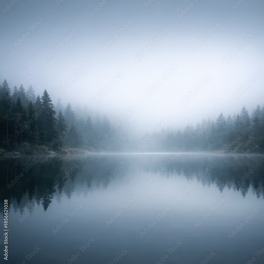 Fototapeta premium Misty Lake and Evergreen Forest at Dawn