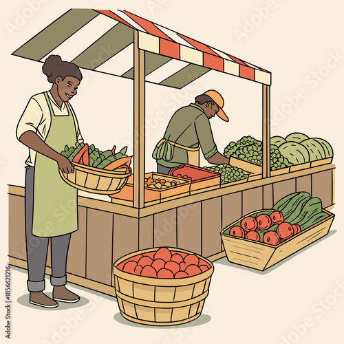 Two vendors are arranging and selling fresh produce at a market stall with colorful awnings