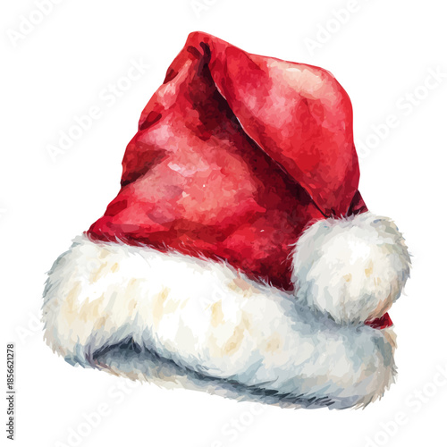 Christmas Hat in watercolor style, vector illustration, isolated on white background.