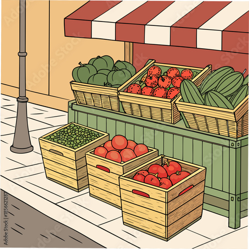 a colorful illustration of a fruit and vegetable stand on a sidewalk with various produce displays