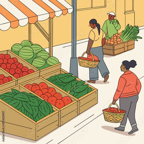 a vibrant outdoor market scene depicts people shopping for fresh produce under a striped awning