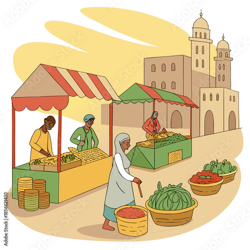 a vibrant outdoor market scene showcases vendors shoppers fresh produce and architectural elements in a sunny setting
