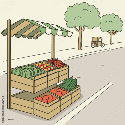 a charming illustration depicts a roadside market stall brimming with fresh produce and greenery high quality