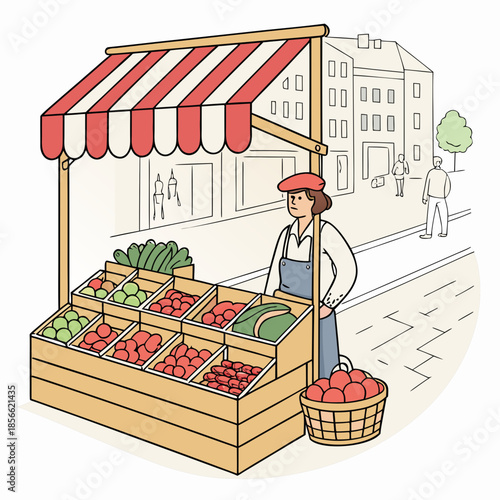 A charming market stall displays vibrant fresh produce with a vendor and a quaint street scene backdrop