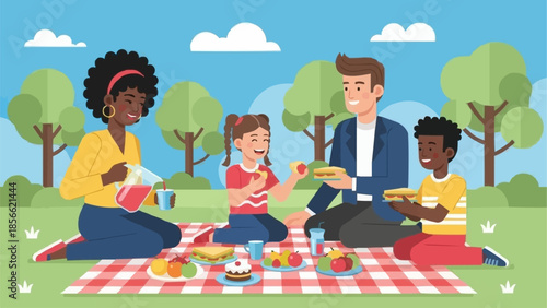Happy family enjoying a picnic in the park on a sunny day.