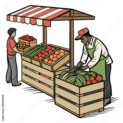 a colorful illustration depicts a bustling outdoor market stall with fresh produce and two vendors