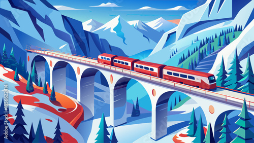 Very beautiful aerial view of a red train crossing the iconic Landwasser Viaduct in winter, surrounded by snow-covered Swiss Alps, showcasing engineering elegance and breathtaking alpine scenery.