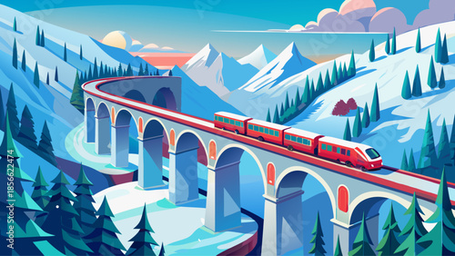 Very beautiful aerial view of a red train crossing the iconic Landwasser Viaduct in winter, surrounded by snow-covered Swiss Alps, showcasing engineering elegance and breathtaking alpine scenery.