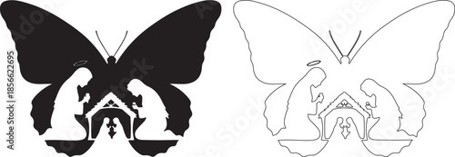 Black Butterfly Nativity Scene Vector and Line Art Outline Graphic isolated PNG with Transparent Background