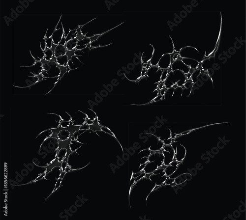 Set 3d chrome metal effect neo tribal y2k gothic style tattoo. Cyber sigilism abstract design. Black flame ornaments with sharp edges and metalcore aesthetic. Vector decorative elements