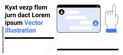 Communication, digital interaction, messaging apps, user interfaces, navigation, online chatting. Chat window with user avatars and clickable hand pointer. Communication and digital interaction theme